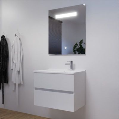 Meuble salle de bain 70 cm ROSALY avec plan vasque et miroir Elégance ht80- Blanc- Plan vasque en Résine