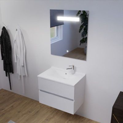 Meuble salle de bain 70 cm ROSALY avec plan vasque et miroir Elégance ht80- Blanc- Plan vasque en Résine