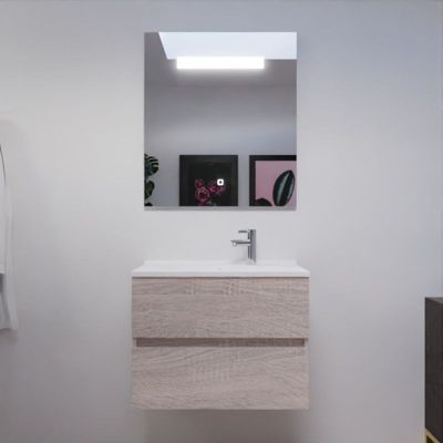 Meuble salle de bain 70 cm ROSALY avec plan vasque et miroir Elégance ht80- Bois- Plan vasque en Résine