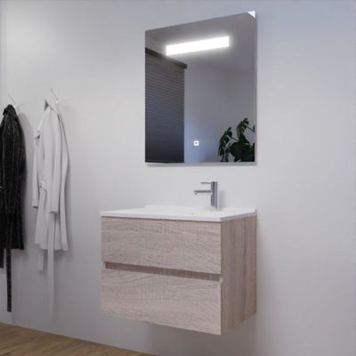 Meuble salle de bain 70 cm ROSALY avec plan vasque et miroir Elégance ht80- Bois- Plan vasque en Résine