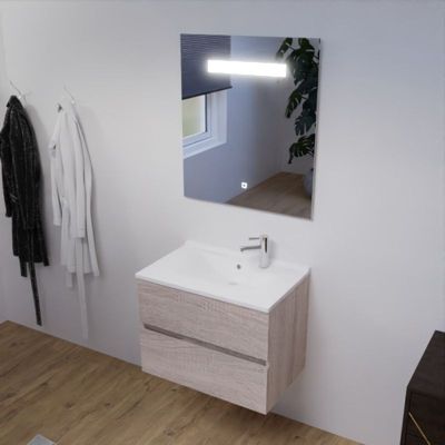 Meuble salle de bain 70 cm ROSALY avec plan vasque et miroir Elégance ht80- Bois- Plan vasque en Résine