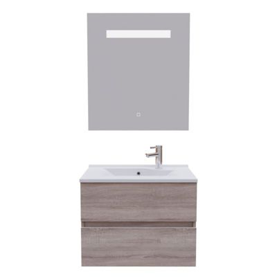 Meuble salle de bain 70 cm ROSALY avec plan vasque et miroir Elégance ht80- Bois- Plan vasque en Résine