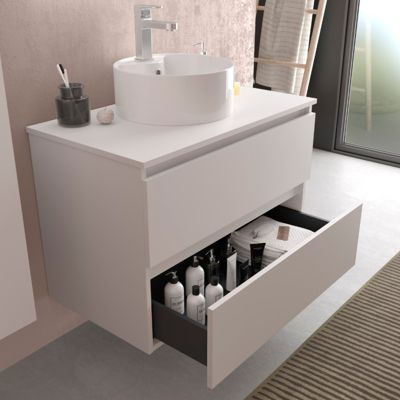 Meuble salle de bain - 80 cm - Avec vasque à poser - Blanc mat - A suspendre - KARAIB
