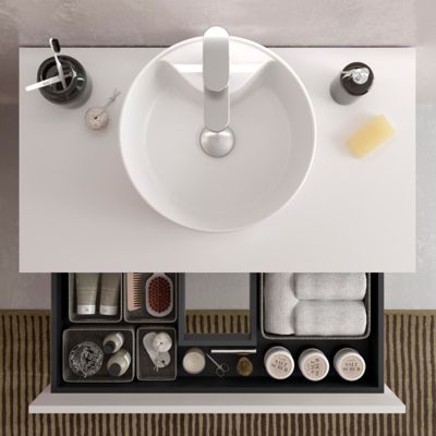 Meuble salle de bain - 80 cm - Avec vasque à poser - Blanc mat - A suspendre - KARAIB