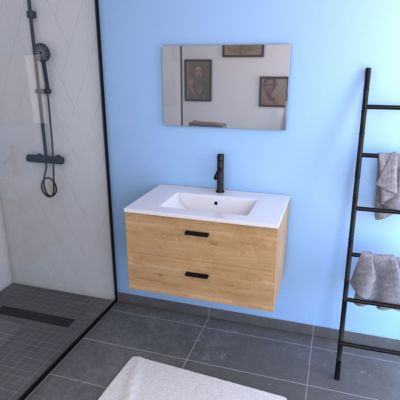 Meuble salle de bain 80 cm monte suspendu decor bois H46xL80xP45cm - avec tiroirs - vasque et miroir