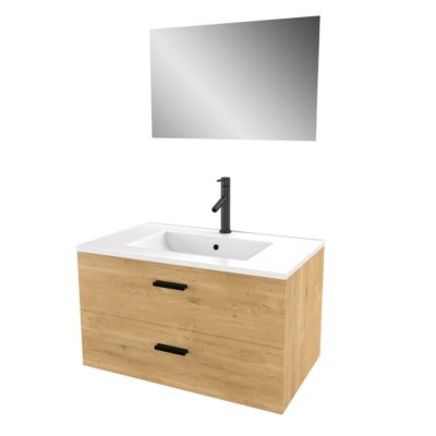 Meuble salle de bain 80 cm monte suspendu decor bois H46xL80xP45cm - avec tiroirs - vasque et miroir