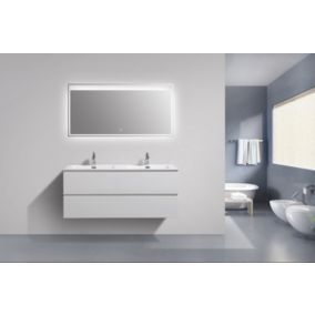 Meuble salle de bain Alice 1200 blanc haute brillance, Avec miroir LED 2073, Mat, 120x48x50cm