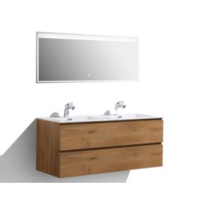 Meuble salle de bain Alice 1200 couleur chêne, Avec miroir LED 2073, Brillant, 120x48x50cm