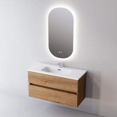 Meuble Salle de Bain ANCONA 101 cm x H54 x P45 cm, Plan Vasque Solide Surface, 2 Tiroirs, Chêne Naturel