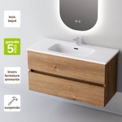 Meuble Salle de Bain ANCONA 101 cm x H54 x P45 cm, Plan Vasque Solide Surface, 2 Tiroirs, Chêne Naturel