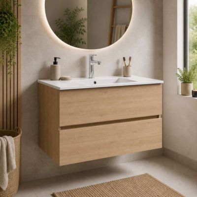 Meuble Salle de Bain ANCONA 81 cm x H54 x P45 cm, Plan Vasque Grès Cérame NA, 2 Tiroirs, Chêne Naturel