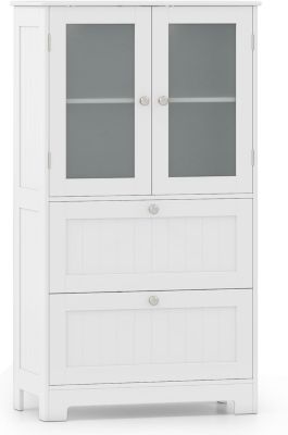 Meuble Salle de Bain,avec 2 Portes en Verre,Plateau Grand, 2 Tiroir Coulissant, Étagère sur 3 Niveaux,pour Salon, Cuisine, Blanc