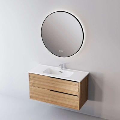 Meuble Salle de Bain BAMBOO 100cm, Plan Vasque Céramique, 2 Tiroirs Poignée Noir, Finition Chêne Naturel, H 54cm x P 45cm