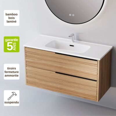 Meuble Salle de Bain BAMBOO 100cm, Plan Vasque Céramique, 2 Tiroirs Poignée Noir, Finition Chêne Naturel, H 54cm x P 45cm