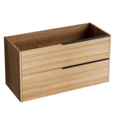 Meuble Salle de Bain BAMBOO 100cm, Plan Vasque Céramique, 2 Tiroirs Poignée Noir, Finition Chêne Naturel, H 54cm x P 45cm