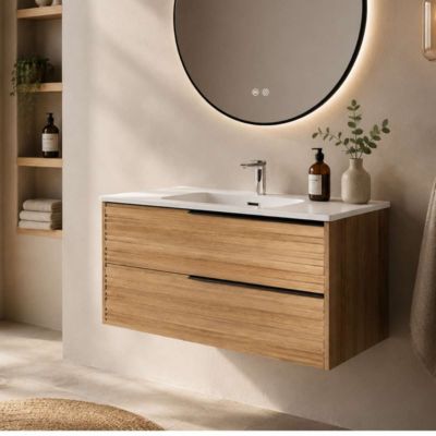 Meuble Salle de Bain BAMBOO 100cm, Plan Vasque Céramique, 2 Tiroirs Poignée Noir, Finition Chêne Naturel, H 54cm x P 45cm