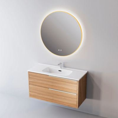 Meuble Salle de Bain BAMBOO 101 cm x H54 x P45 cm, Plan Vasque Solide Surface, 2 Tiroirs Poignée Inox Satiné, Chêne Naturel