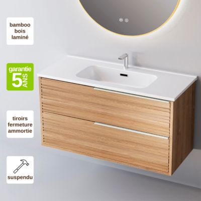 Meuble Salle de Bain BAMBOO 101 cm x H54 x P45 cm, Plan Vasque Solide Surface, 2 Tiroirs Poignée Inox Satiné, Chêne Naturel