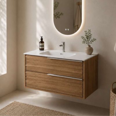 Meuble Salle de Bain BAMBOO 101 cm x H54 x P45 cm, Plan Vasque Solide Surface, 2 Tiroirs Poignée Inox Satiné, Chêne Naturel