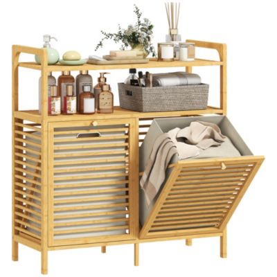 Meuble salle de bain bambou 2 paniers à linge tissu amovible 2 étagères