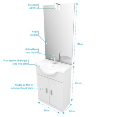 Meuble salle de bain blanc 60 cm sur pied + vasque ceramique blanche + miroir applique led