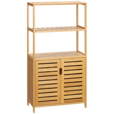 Meuble salle de bain bois bambou 2 portes 3 étagères dim. 60 x 30 x 120 cm naturel