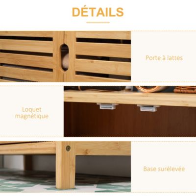 Meuble salle de bain bois bambou 2 portes 3 étagères dim. 60 x 30 x 120 cm naturel