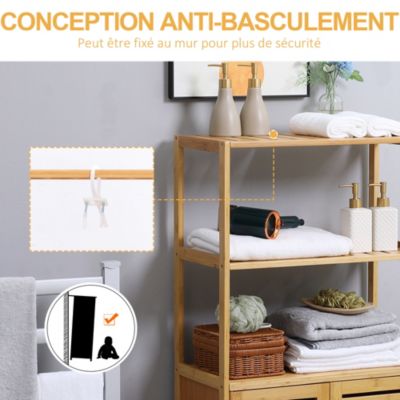 Meuble salle de bain bois bambou 2 portes 3 étagères dim. 60 x 30 x 120 cm naturel
