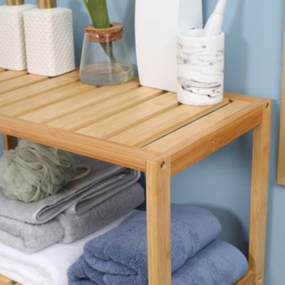 Meuble salle de bain bois bambou 2 portes 3 étagères dim. 60 x 30 x 120 cm naturel