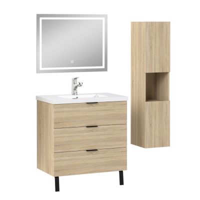 Meuble Salle de Bain Chêne Mat 79cm - 3 Tiroirs et Vasque, miroir led, colonne 131.5cm, MDF, AICA Sanitaire