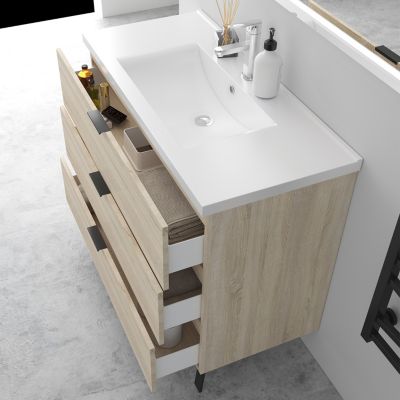 Meuble Salle de Bain Chêne Mat 79cm - 3 Tiroirs et Vasque, miroir led, colonne 131.5cm, MDF, AICA Sanitaire