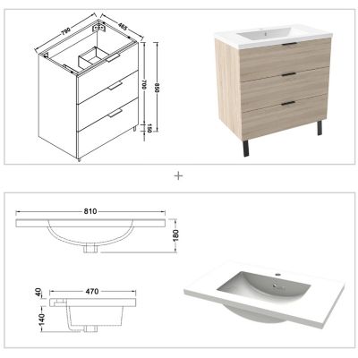 Meuble Salle de Bain Chêne Mat 79cm - 3 Tiroirs et Vasque, miroir led, colonne 131.5cm, MDF, AICA Sanitaire