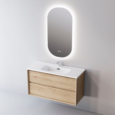 Meuble Salle de Bain COOL 100cm, Plan Vasque Solid Surface, 2 Tiroirs, Finition Chêne Naturel, H 54cm x P 45cm