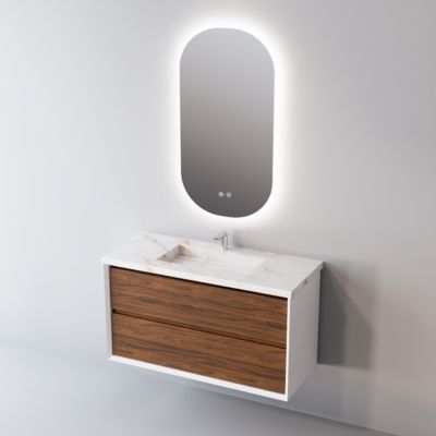 Meuble Salle de Bain COOL 60cm, Plan Vasque Grès Cérame, 2 Tiroirs, Laqué Blanc Mat/Noyer, H 54cm x P 45cm
