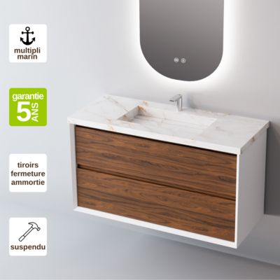 Meuble Salle de Bain COOL 60cm, Plan Vasque Grès Cérame, 2 Tiroirs, Laqué Blanc Mat/Noyer, H 54cm x P 45cm