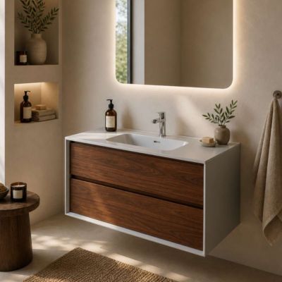 Meuble Salle de Bain COOL 60cm, Plan Vasque Grès Cérame, 2 Tiroirs, Laqué Blanc Mat/Noyer, H 54cm x P 45cm