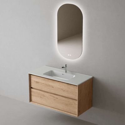 Meuble Salle de Bain COOL 80cm, Plan Vasque Céramique, 2 Tiroirs, Finition Chêne Naturel, H 54cm x P 45cm