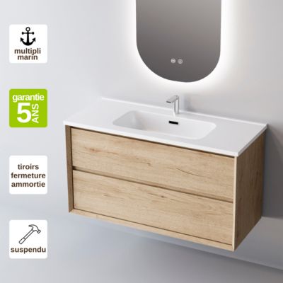 Meuble Salle de Bain COOL 80cm, Plan Vasque Céramique, 2 Tiroirs, Finition Chêne Naturel, H 54cm x P 45cm
