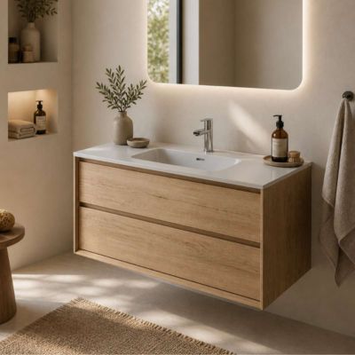 Meuble Salle de Bain COOL 80cm, Plan Vasque Céramique, 2 Tiroirs, Finition Chêne Naturel, H 54cm x P 45cm
