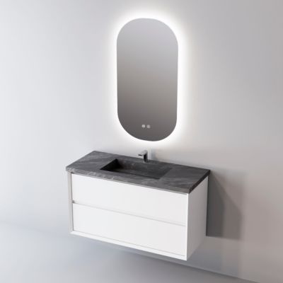 Meuble Salle de Bain COOL 80cm, Plan Vasque Grès Cérame, 2 Tiroirs, Laqué Blanc Mat, H 54cm x P 45cm