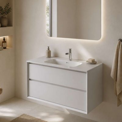 Meuble Salle de Bain COOL 80cm, Plan Vasque Grès Cérame, 2 Tiroirs, Laqué Blanc Mat, H 54cm x P 45cm