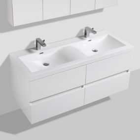 Meuble salle de bain design double vasque SIENA largeur 144 cm blanc laqué