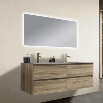 Meuble salle de bain double vasque 120cm bois et effet marbre marron avec miroir LED LB-8475M-120