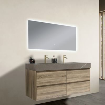Meuble salle de bain double vasque 120cm bois et effet marbre marron avec miroir LED LB-8476M-120