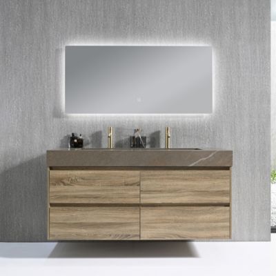 Meuble salle de bain double vasque 120cm bois et effet marbre marron avec miroir LED LB-8476M-120