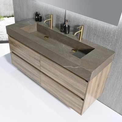 Meuble salle de bain double vasque 120cm bois et effet marbre marron avec miroir LED LB-8476M-120