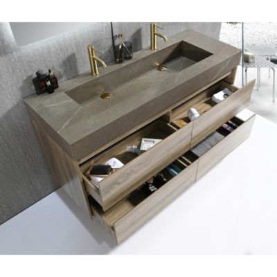 Meuble salle de bain double vasque 120cm bois et effet marbre marron avec miroir LED LB-8476M-120