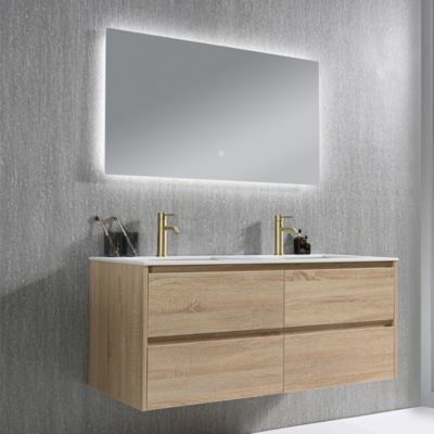 Meuble salle de bain double vasque 120cm bois naturel et effet marbre blanc avec miroir LED LB-8475C-120