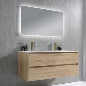Meuble salle de bain double vasque 120cm bois naturel et effet marbre blanc avec miroir LED LB-8475C-120