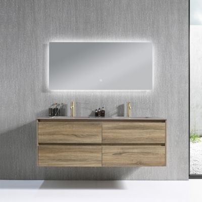 Meuble salle de bain double vasque 140cm bois et effet marbre marron avec miroir LED LB-8475M-140